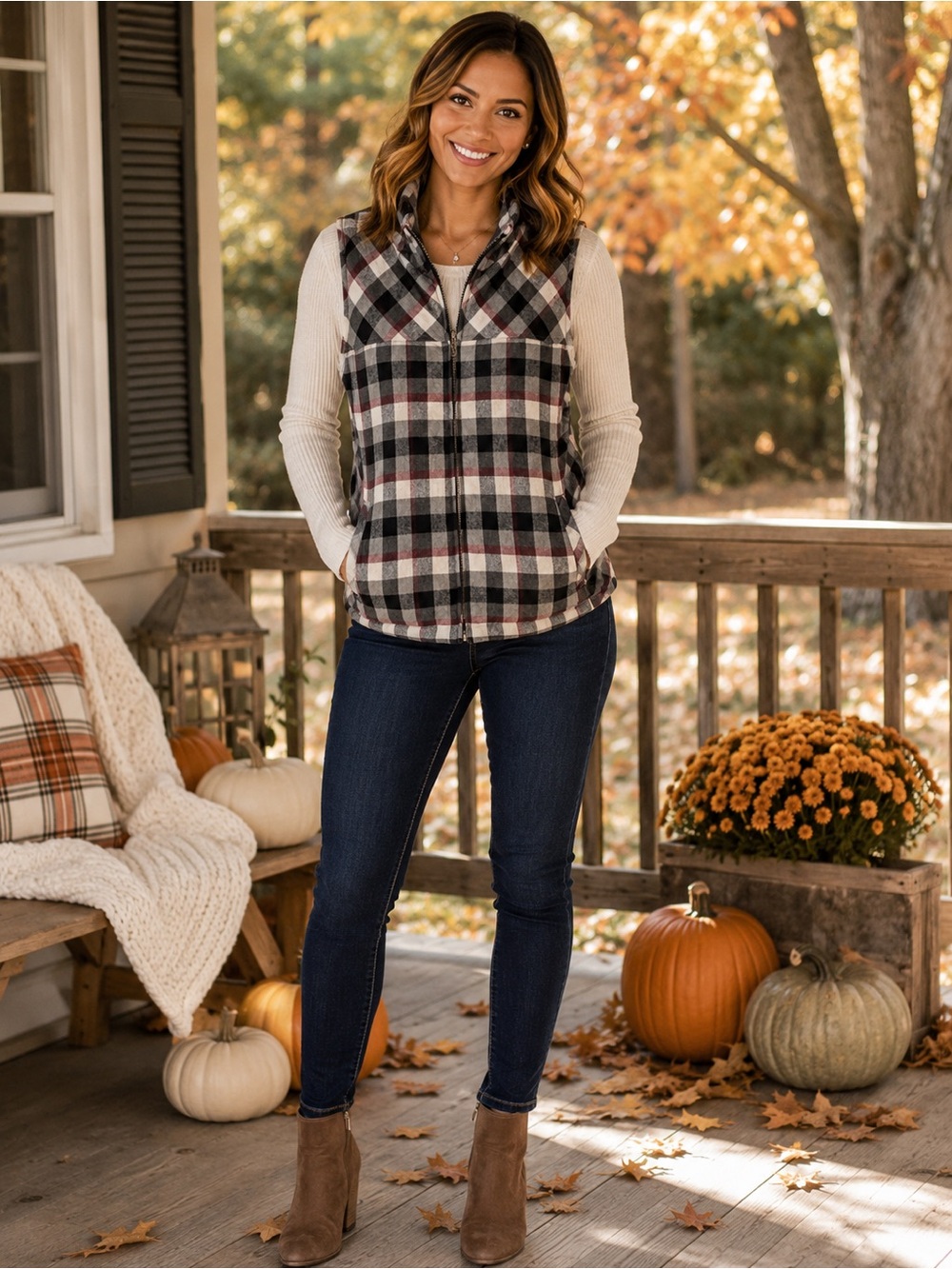 North River Outfitters Plaid Quilted Women’s Vest Large Gray Burgundy Zip Pocket